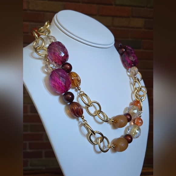 Vintage George Gold Tone and Purple Brown Tan Color Beaded Necklace - Picture 8 of 9